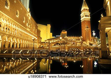 Stock Image -  The Venetian, Las Vegas, casino, Nevada, NV, The Strip, The Venetian Casino Resort replica of Venice, Italy on The Strip at night in Las Vegas, the Entertainment Capital of the World.. Fotosearch