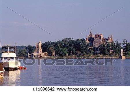 Stock Image -  Thousand Islands, NY, Alexandria Bay, New York, St. Lawrence River, Bolt Castle on Heart Island along the St. Lawrence River. . Fotosearch