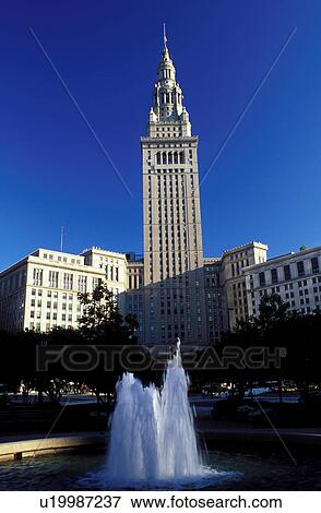 tower, Cleveland, OH, Ohio, Terminal Tower, a Beaux-Arts skyscraper, the old Union Station, fountain in public square. View Large Photo Image Stock Photo - tower, Cleveland, OH, Ohio, Terminal Tower, a Beaux-Arts skyscraper, the old Union Station, fountain in public square.. Fotosearch