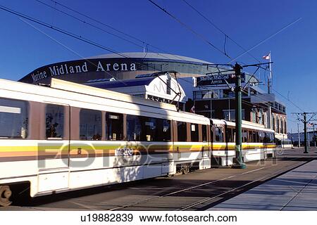 Stock Photo -  trolley, Buffalo, New York, NY, Buffalo Sabres, hockey, Marine Midland Arena, Metro Rail. Fotosearch