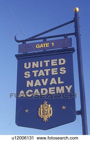 Stock Image -  U. S. Naval Academy, Annapolis, MD, Maryland, A blue and gold sign at the entrance to the United States Naval Academy in Annapolis.. Fotosearch