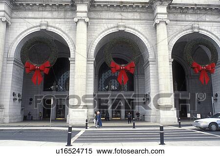 Stock Photography -  Union Station, Washington, DC, District of Columbia, Large Christmas wreaths decorate Union Station in Washington D. C.. Fotosearch