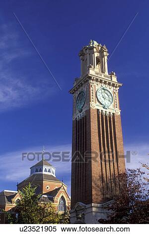 Stock Photography -  university, clock tower, Providence, Rhode Island, RI, Carrie Tower on the campus of Brown University in Providence in the fall.. Fotosearch