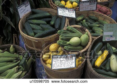 Stock Photography -  vegetables, produce, outdoor market, Vermont, VT, Vegetables for sale at the Farmers Market in Waterbury. . Fotosearch