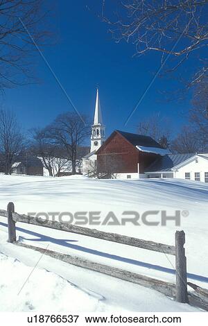 Stock Photo -  Vermont, Peacham, VT, Snow-covered scenic village of Peacham in the winter with the Congregational Church. . Fotosearch
