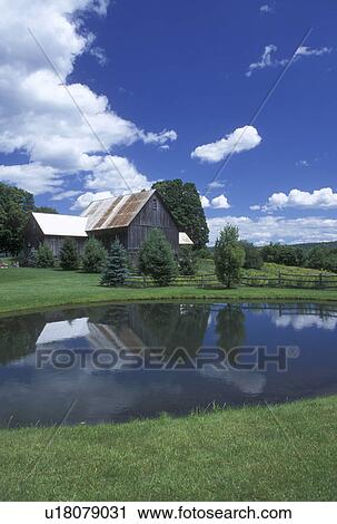 Stock Image -  Vermont, VT, Barn reflects in pond in Calais in the summer . Fotosearch