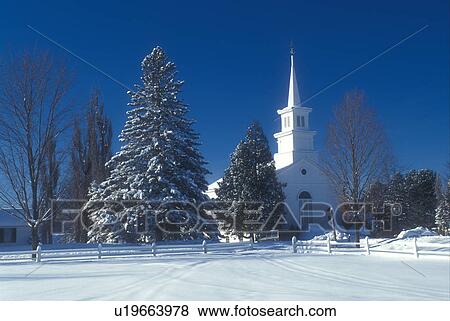 Stock Photo -  Vermont, VT, Church on the snow-covered Green in Craftsbury Common in the winter . Fotosearch