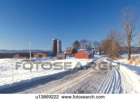Vermont, VT, Farm with red barn along a snow-covered country road in South Albany in the winter View Large Photo Image Stock Image - Vermont, VT, Farm with red barn along a snow-covered country road in South Albany in the winter . Fotosearch