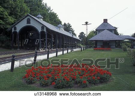 Stock Photo -  Vermont, VT, Locomotive displayed at the train station at the Shelburne Museum in Shelburne . Fotosearch