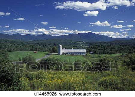 Stock Photograph -  Vermont, VT, View of Mt. Mansfield, farm and scenic countryside in Fletcher.. Fotosearch