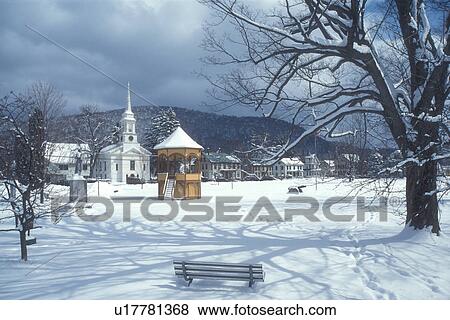 Vermont, VT, village, bandstand, gazebo, Green, snow, winter, South Royalton. View Large Photo Image Stock Photo - Vermont, VT, village, bandstand, gazebo, Green, snow, winter, South Royalton.. Fotosearch