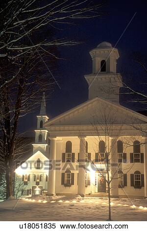 village, Christmas, courthouse, Vermont, decorations, snow, winter, The Windham County Courthouse and the Congregational Church are illuminated for Christmas at night in winter in the village of Newfane in Windham County in the state of Vermont. View Large Photo Image Stock Photography - village, Christmas, courthouse, Vermont, decorations, snow, winter, The Windham County Courthouse and the Congregational Church are illuminated for Christmas at night in winter in the village of Newfane in Windham County in the state of Vermont. . Fotosearch