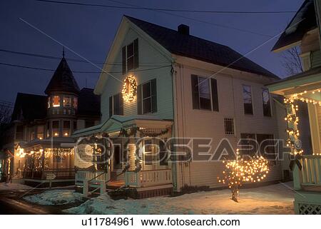 village, Christmas, decorations, winter, evening, snow, Vermont, Shops and restaurants along Main Street are decorated for the Christmas holiday season on a snow covered evening in the town of Chester in Windsor County in the state of Vermont. View Large Photo Image Stock Image - village, Christmas, decorations, winter, evening, snow, Vermont, Shops and restaurants along Main Street are decorated for the Christmas holiday season on a snow covered evening in the town of Chester in Windsor County in the state of Vermont. . Fotosearch