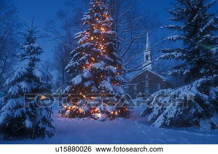 stock images of village christmas tree church decoration christmas tree snow scene