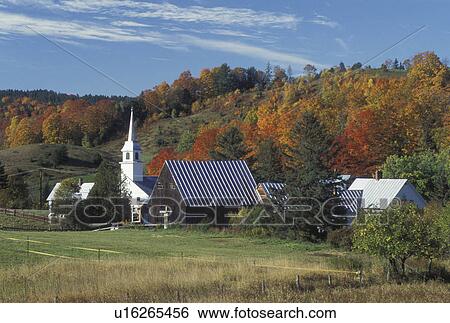 Stock Photograph -  village, church, fall, East Corinth, VT, Vermont, Scenic view of the village of East Corinth in the autumn.. Fotosearch
