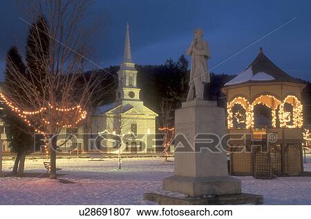 village, town, church, decorations, Christmas, holiday, snow, winter, The church and gazebo on the Green in the evening are decorated for the Christmas holiday season in the town of South Royalton in Windsor County in the state of Vermont.  View Large Photo Image Stock Photo -  village, town, church, decorations, Christmas, holiday, snow, winter, The church and gazebo on the Green in the evening are decorated for the Christmas holiday season in the town of South Royalton in Windsor County in the state of Vermont. . Fotosearch