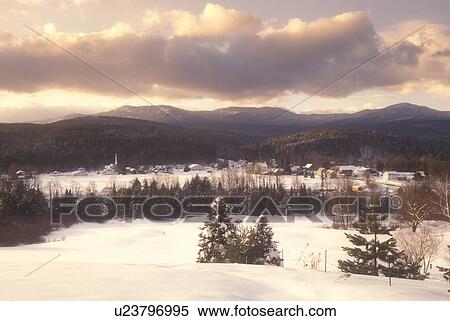 Stock Photography -  village, winter, Worcester, Vermont, VT, Scenic view of the village of Worcester and the Worcester Mountain Range in winter.. Fotosearch