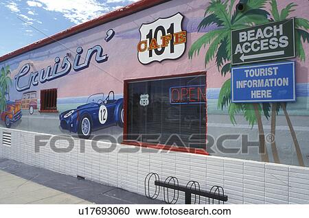 wall mural, Oceanside, California, CA, Wall mural on the side of the Historic 101 CafT building in Oceanside. View Large Photo Image Stock Image - wall mural, Oceanside, California, CA, Wall mural on the side of the Historic 101 CafT building in Oceanside.. Fotosearch