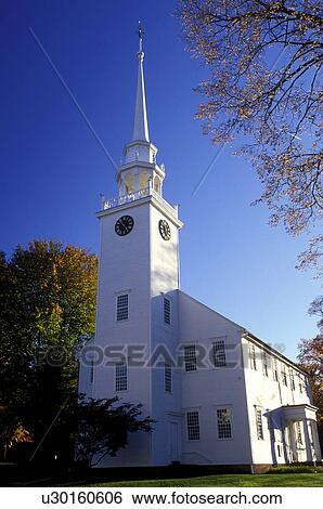 Stock Photograph -  white church, Connecticut, Farmington, CT, First (Congregational) Church of Christ in Farmington in the autumn.. Fotosearch