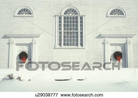 white church, doors, Vermont, VT, The doors of the Union Meeting House (1825) decorated with wreaths in the winter in Burke Hollow. View Large Photo Image Stock Photo - white church, doors, Vermont, VT, The doors of the Union Meeting House (1825) decorated with wreaths in the winter in Burke Hollow. . Fotosearch