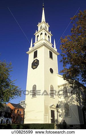 Stock Photo -  white church, Newport, Rhode Island, RI, Trinity Church in Newport in the autumn.. Fotosearch