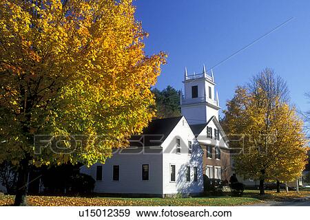 Stock Photo -  white church, Peterborough, NH, New Hampshire, Union Congregational Church in the town of Peterborough in the autumn.. Fotosearch
