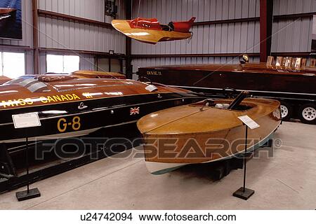 Picture -  wood boat, Clayton, Thousand Islands, New York, NY, Freshwater wooden boats displayed at the Antique Boat Museum.. Fotosearch