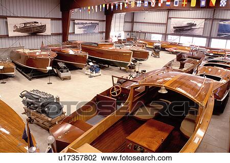 Stock Image -  wood boat, Clayton, Thousand Islands, New York, NY, Freshwater wooden boats displayed at the Antique Boat Museum.. Fotosearch