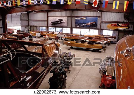 Stock Image -  wood boat, Clayton, Thousand Islands, New York, NY, Freshwater wooden boats displayed at the Antique Boat Museum.. Fotosearch