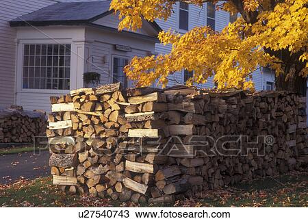 Stock Image -  woodpile, fall, Peacham, VT, Vermont. Fotosearch