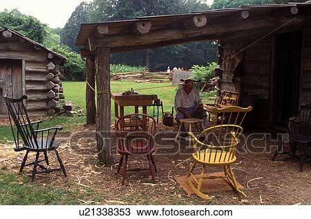 Stock Image -  woodworking, Abraham Lincoln, Petersburg, IL, Illinois, Interpreters making furniture at Lincoln's New Salem State Historic Site.. Fotosearch