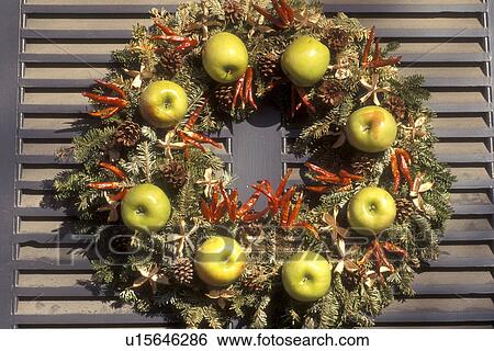 Stock Photograph -  wreath, close-up, Colonial Williamsburg, Virginia, VA, Williamsburg, A wreath made of greens, dried flowers and fruit decorates the door of a home for Christmas in Colonial Williamsburg.. Fotosearch