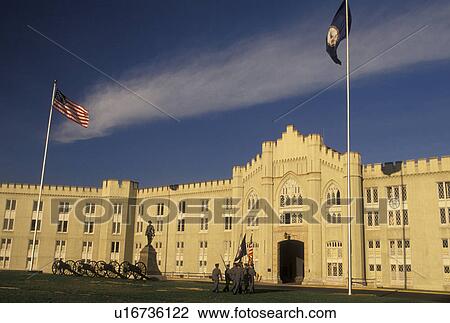 Stock Image -  academy, Virginia Military Institute, VMI, Lexington, VA, college, Virginia, Cadets marching outside the Barracks on the campus of Virginia Military Institute in Lexington.. Fotosearch