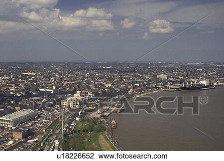 Stock Image -  aerial, New Orleans, Louisiana, LA, Aerial view of New Orleans along the Mississippi River.. Fotosearch