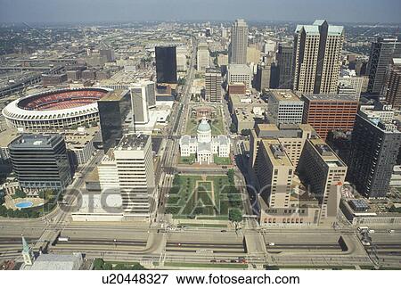 Stock Photo -  aerial, St. Louis, MO, Missouri, Aerial view of the downtown Saint Louis from the Gateway Arch. . Fotosearch