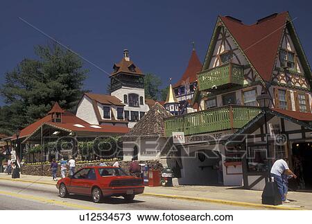 Stock Image -  Alpine Village, Helen, GA, Georgia, Shops along the main street in the alpine village of Helen in North Georgia.. Fotosearch