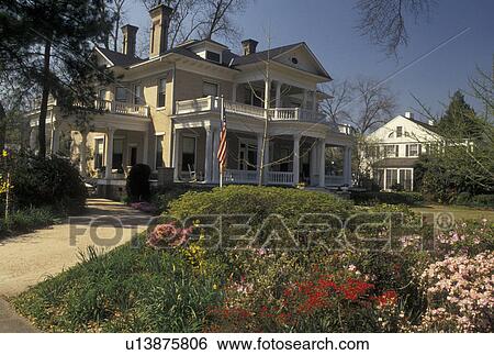Stock Photograph -  antebellum, Alabama, Eufaula, AL, Antebellum home in Seth Lore Historic District in Eufaula in the spring.. Fotosearch