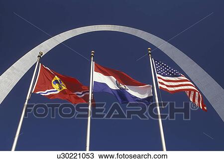 Stock Image -  arch, St. Louis, Gateway Arch, MO, Missouri, Flags fly outside the Gateway Arch, Jefferson National Expansion Memorial, in Saint Louis.. Fotosearch