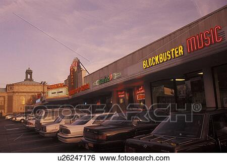 Stock Photograph -  Atlanta, GA, Georgia, Neon lights outside the shops at the Plaza on Ponce de Leon in the evening in Atlanta.. Fotosearch