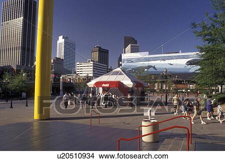 Picture -  Atlanta, GA, Georgia, Public plaza outside Underground Atlanta at World of Coca-Cola and skyline of downtown Atlanta.. Fotosearch