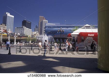 Atlanta, GA, Georgia, Public plaza outside Underground Atlanta at World of Coca-Cola and skyline of downtown Atlanta. View Large Photo Image Stock Photo - Atlanta, GA, Georgia, Public plaza outside Underground Atlanta at World of Coca-Cola and skyline of downtown Atlanta.. Fotosearch
