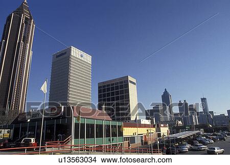 Picture -  Atlanta, GA, Georgia, The Varsity Restaurant and skyline downtown Atlanta.. Fotosearch