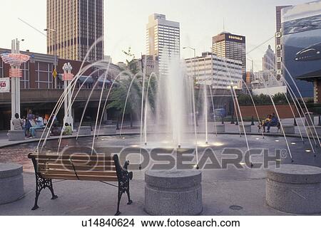 Picture -  Atlanta, GA, Underground Atlanta, skyline, Georgia, Fountain outside Underground Atlanta and a view of the downtown skyline of Atlanta. . Fotosearch