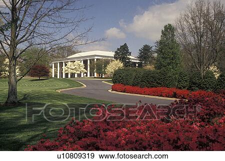 Stock Photo -  Atlanta, Governor's Mansion, Georgia, GA, Red azaleas and white dogwoods adorn the grounds of the Governor's Mansion in the spring in Atlanta. . Fotosearch