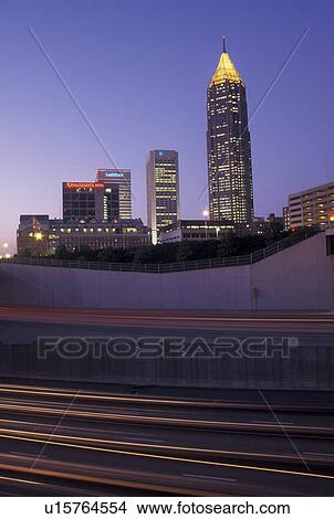Atlanta, skyline, GA, Georgia, Skyline of downtown Atlanta and streaks of car lights on Downtown Connector I-75/85 in the evening. View Large Photo Image Picture - Atlanta, skyline, GA, Georgia, Skyline of downtown Atlanta and streaks of car lights on Downtown Connector I-75/85 in the evening.. Fotosearch