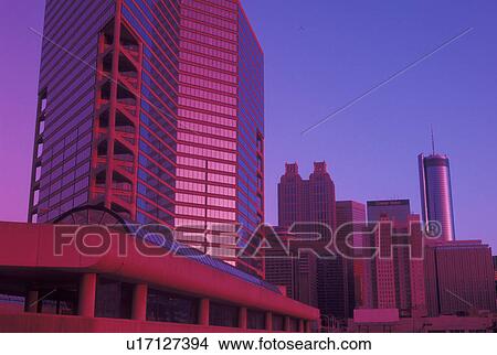 Atlanta, skyline, GA, Georgia, Skyline of downtown Atlanta and the MARTA station at sunset. View Large Photo Image Picture - Atlanta, skyline, GA, Georgia, Skyline of downtown Atlanta and the MARTA station at sunset.. Fotosearch