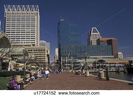 Stock Image -  Baltimore, Inner Harbor, MD, Maryland, View of the downtown skyline of Baltimore and the Inner Harbor.. Fotosearch