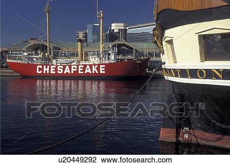 Baltimore, MD, Maryland, U. S. Frigate Constellation & Lightship Chesapeake on the Inner Harbor in downtown Baltimore. View Large Photo Image Stock Image - Baltimore, MD, Maryland, U. S. Frigate Constellation & Lightship Chesapeake on the Inner Harbor in downtown Baltimore.. Fotosearch