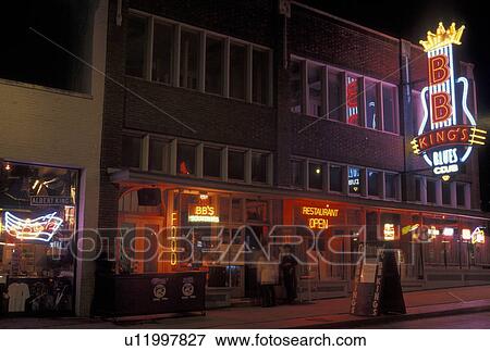 Stock Photo -  Beale Street, B. B. King, Memphis, neon sign, TN, Tennessee, BB King's Blues Club illuminated at night on Beale Street in Memphis.. Fotosearch