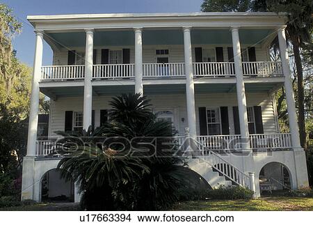 Picture -  Beaufort, South Carolina, antebellum, mansion, SC, Historic House in the Historic District in the town of Beaufort in the spring.. Fotosearch